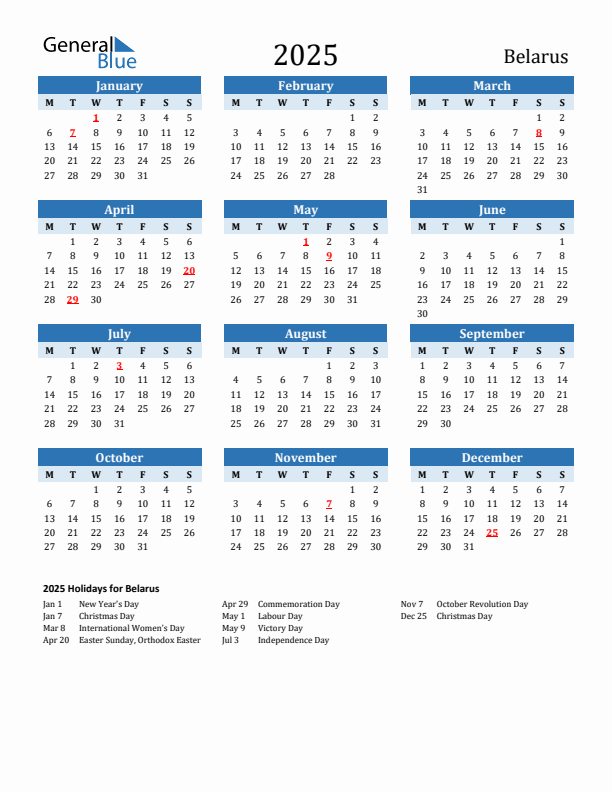 Printable Calendar 2025 with Belarus Holidays (Monday Start)