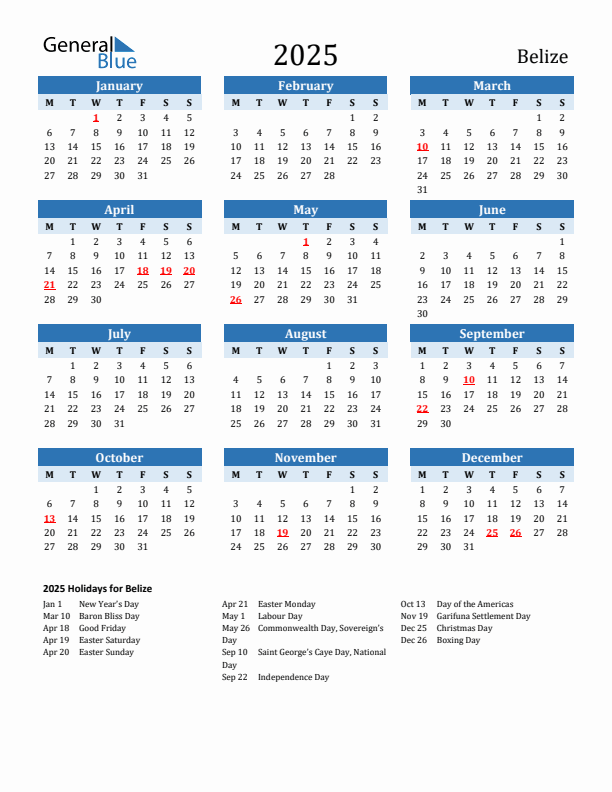 Printable Calendar 2025 with Belize Holidays (Monday Start)