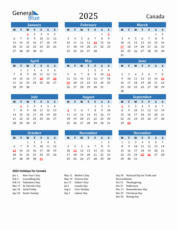 Printable Calendar 2025 with Canada Holidays (Monday Start)