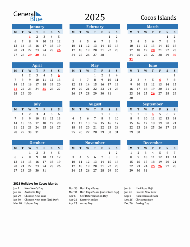 Printable Calendar 2025 with Cocos Islands Holidays (Monday Start)