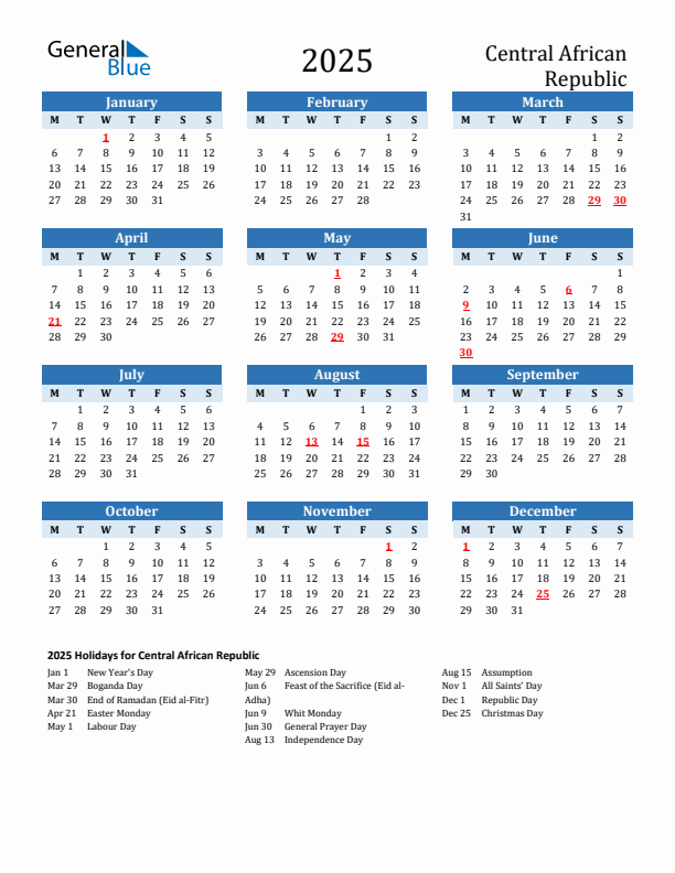 Printable Calendar 2025 with Central African Republic Holidays (Monday Start)