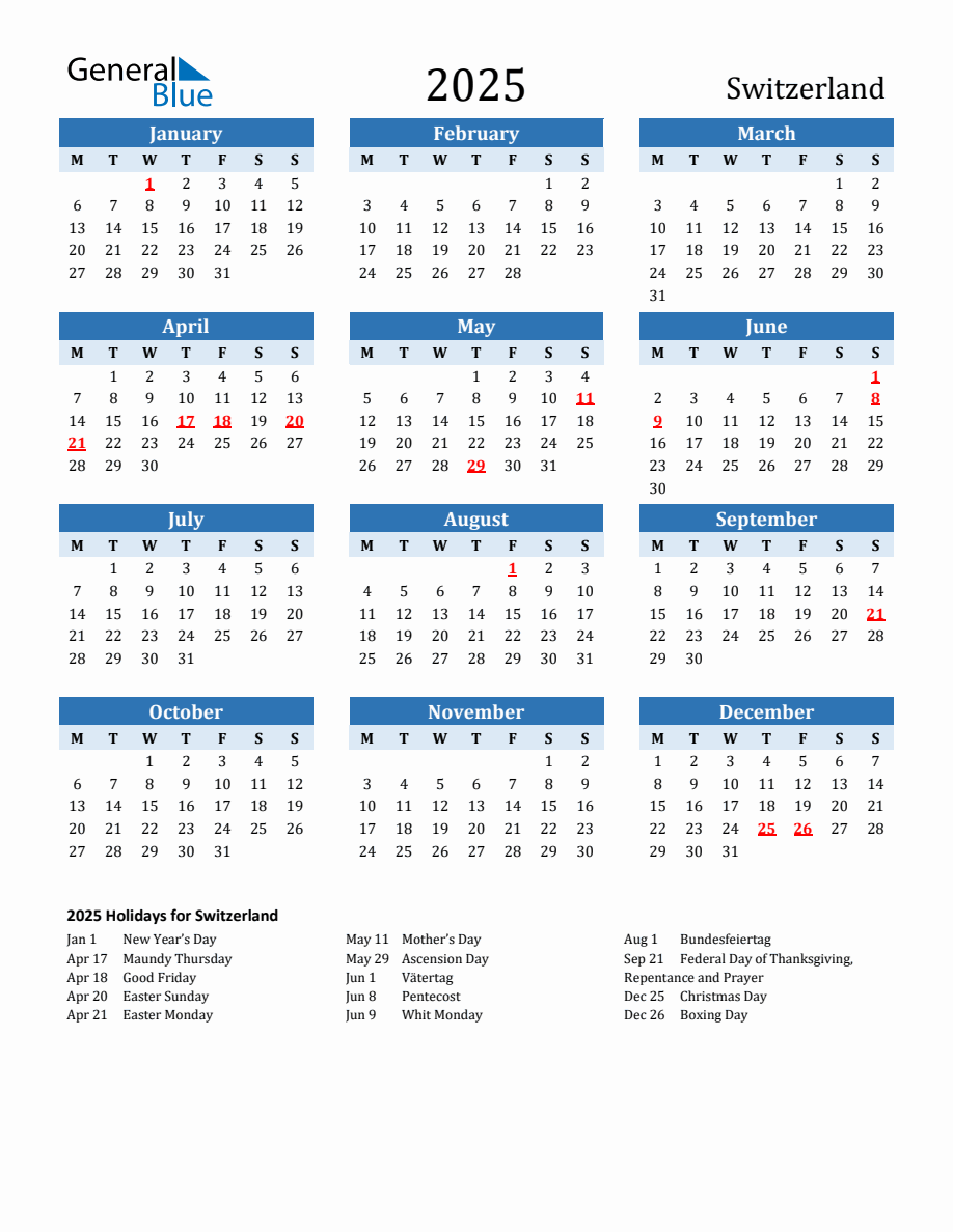 2025 Printable Calendar with Switzerland Holidays