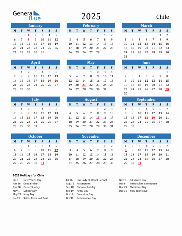 Printable Calendar 2025 with Chile Holidays (Monday Start)