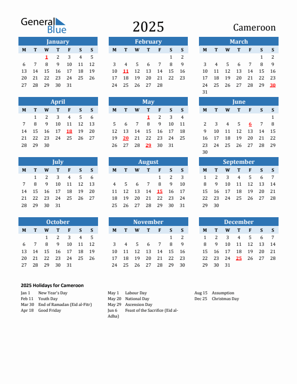 Printable Calendar 2025 with Cameroon Holidays (Monday Start)