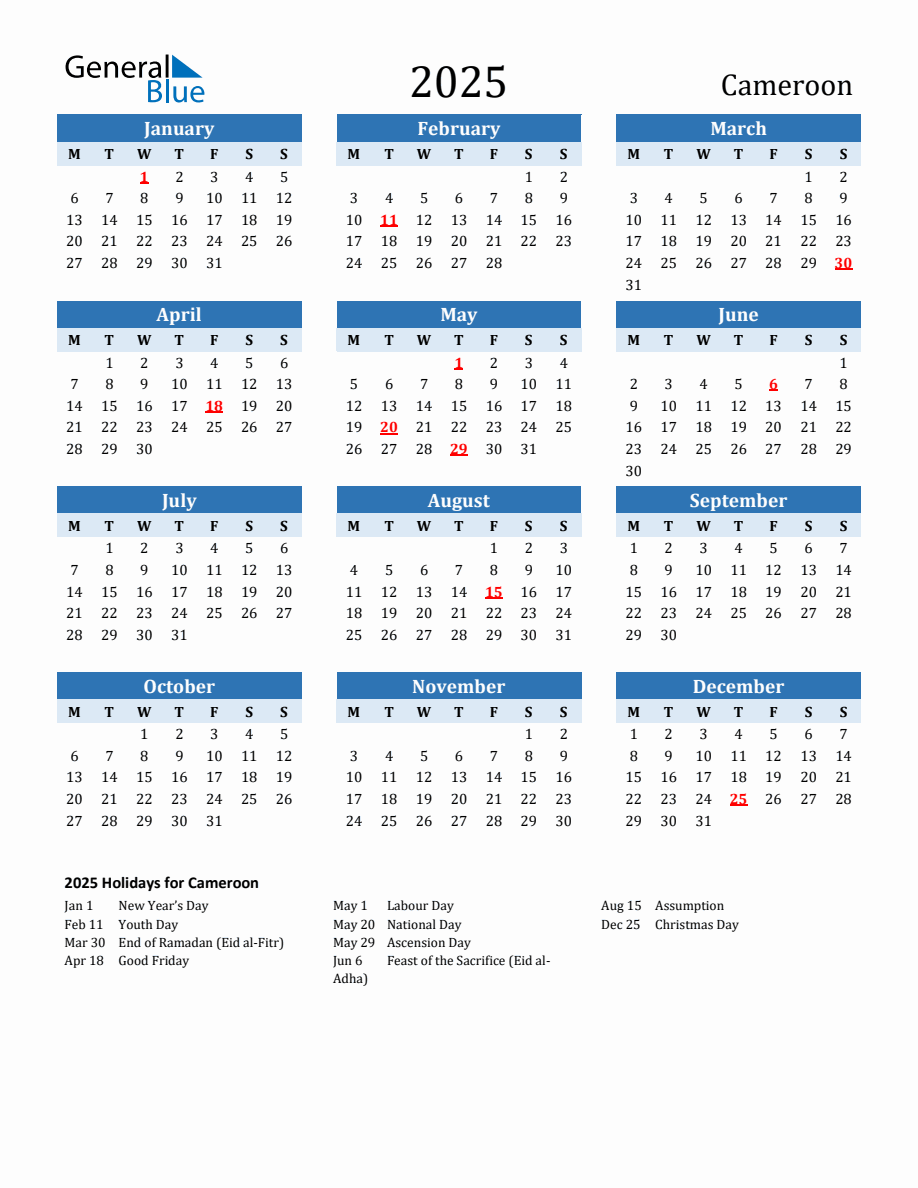 2025 Printable Calendar with Cameroon Holidays