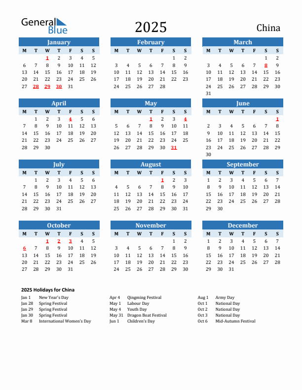 Printable Calendar 2025 with China Holidays (Monday Start)