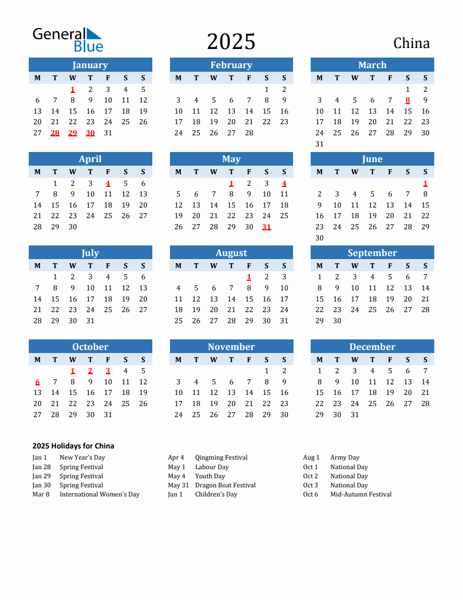 2025 Printable Calendar With China Holidays