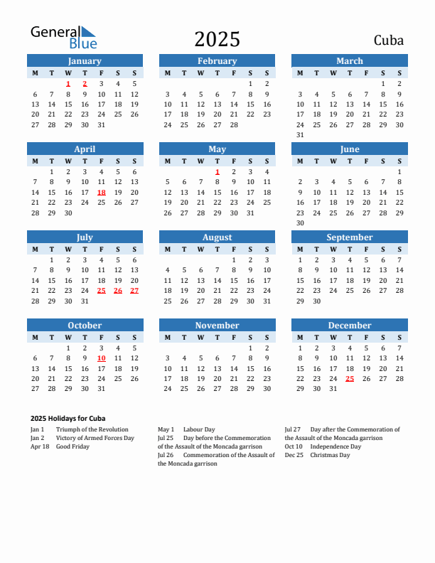 Printable Calendar 2025 with Cuba Holidays (Monday Start)