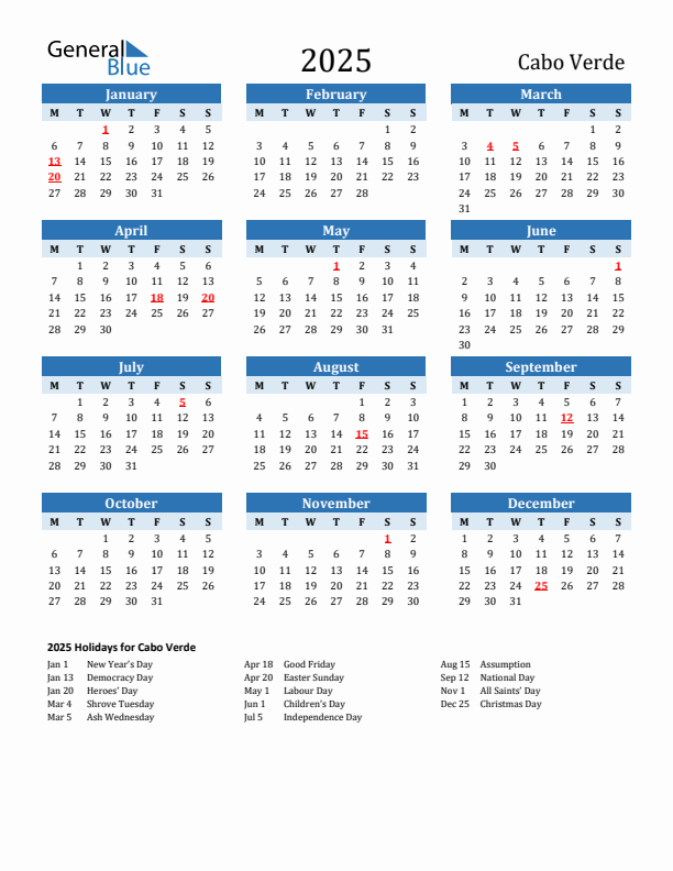 Printable Calendar 2025 with Cabo Verde Holidays (Monday Start)