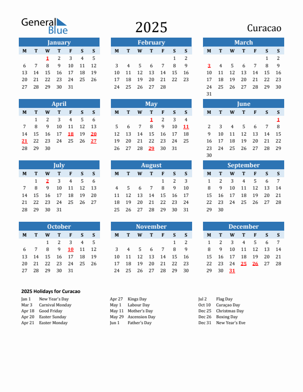 Printable Calendar 2025 with Curacao Holidays (Monday Start)
