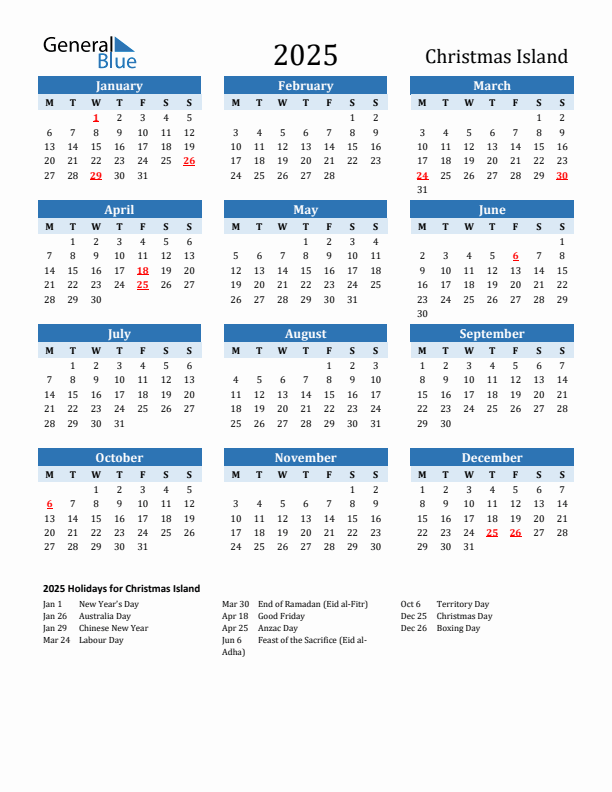 Printable Calendar 2025 with Christmas Island Holidays (Monday Start)