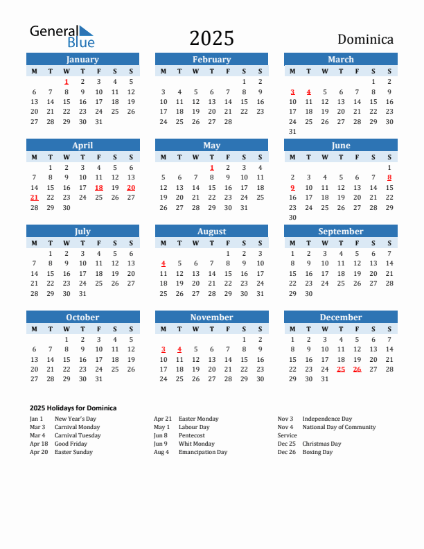 Printable Calendar 2025 with Dominica Holidays (Monday Start)