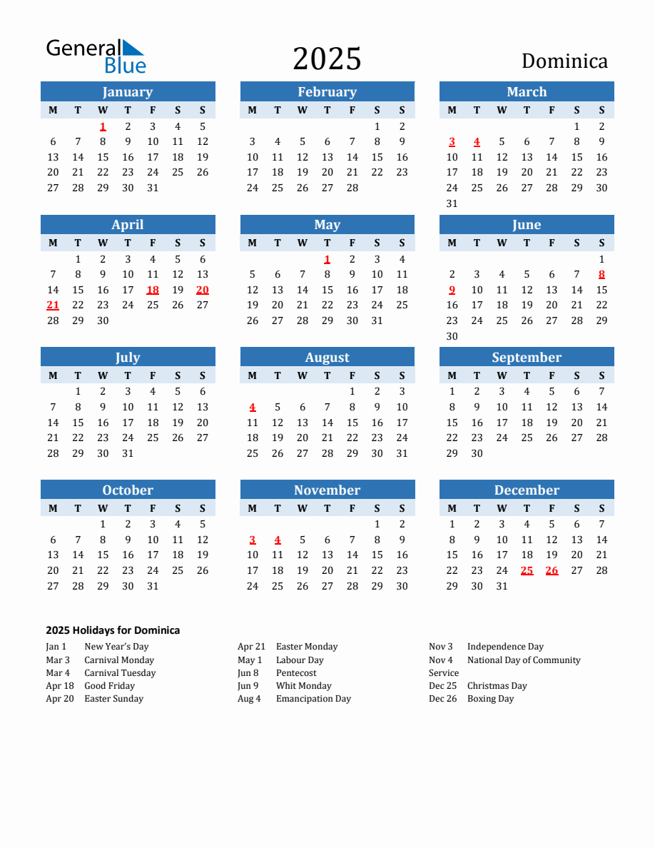 2025 Printable Calendar with Dominica Holidays