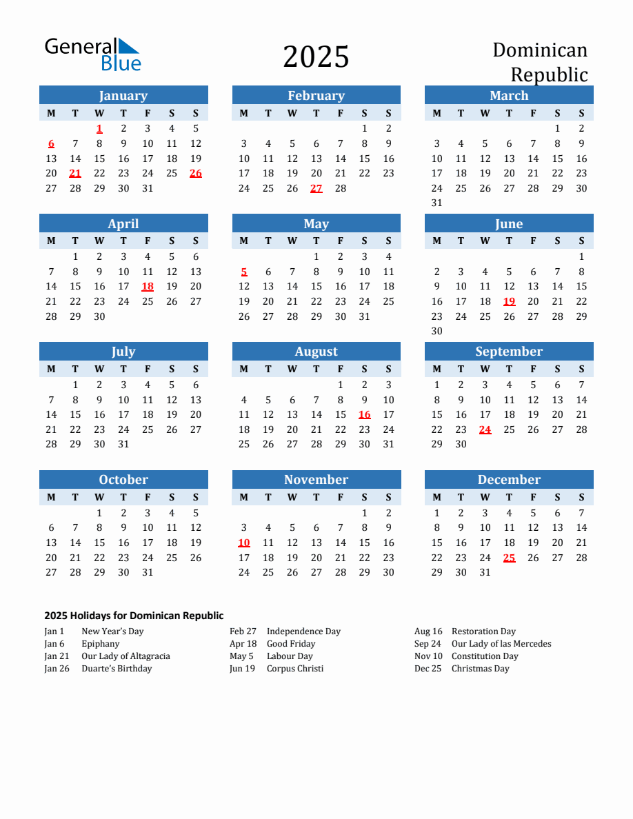 2025 Printable Calendar with Dominican Republic Holidays