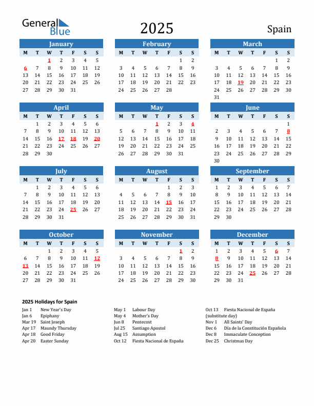 Printable Calendar 2025 with Spain Holidays (Monday Start)