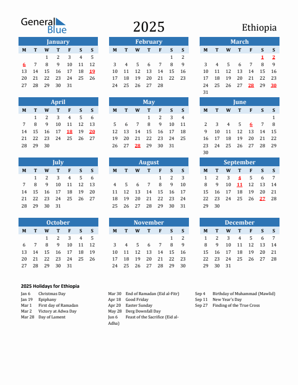 Printable Calendar 2025 with Ethiopia Holidays (Monday Start)