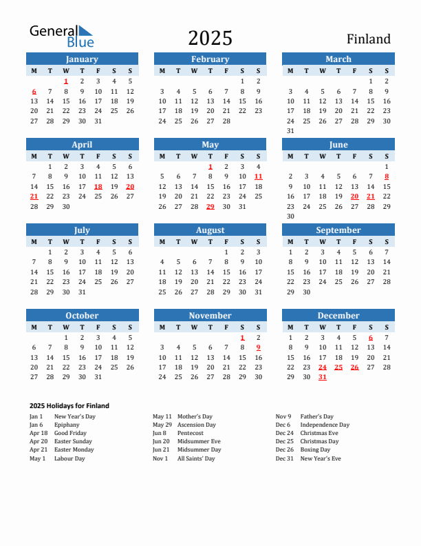 Printable Calendar 2025 with Finland Holidays (Monday Start)