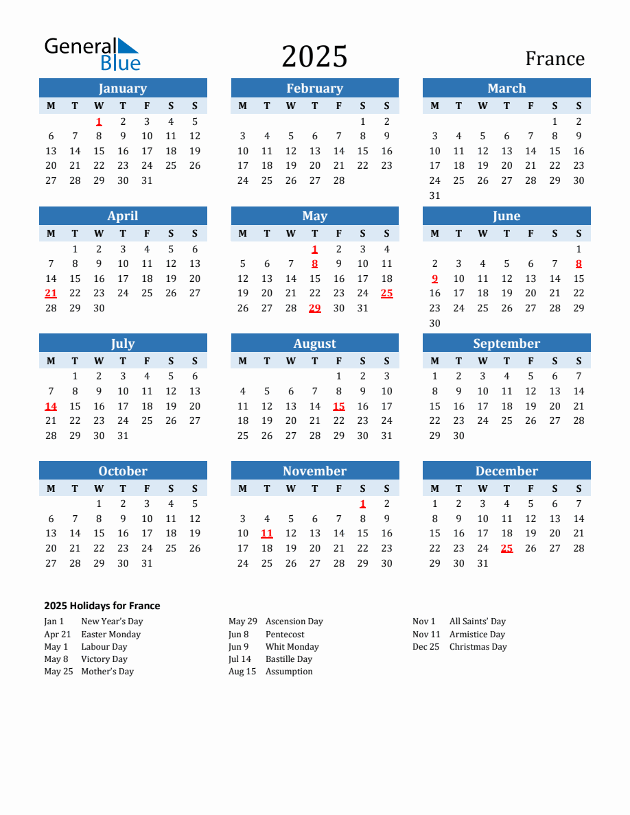 2025 Printable Calendar with France Holidays