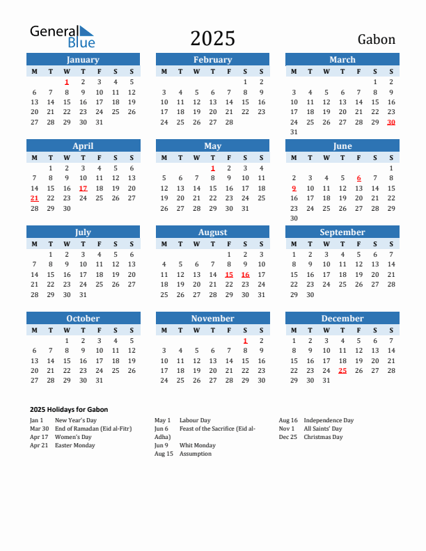 Printable Calendar 2025 with Gabon Holidays (Monday Start)