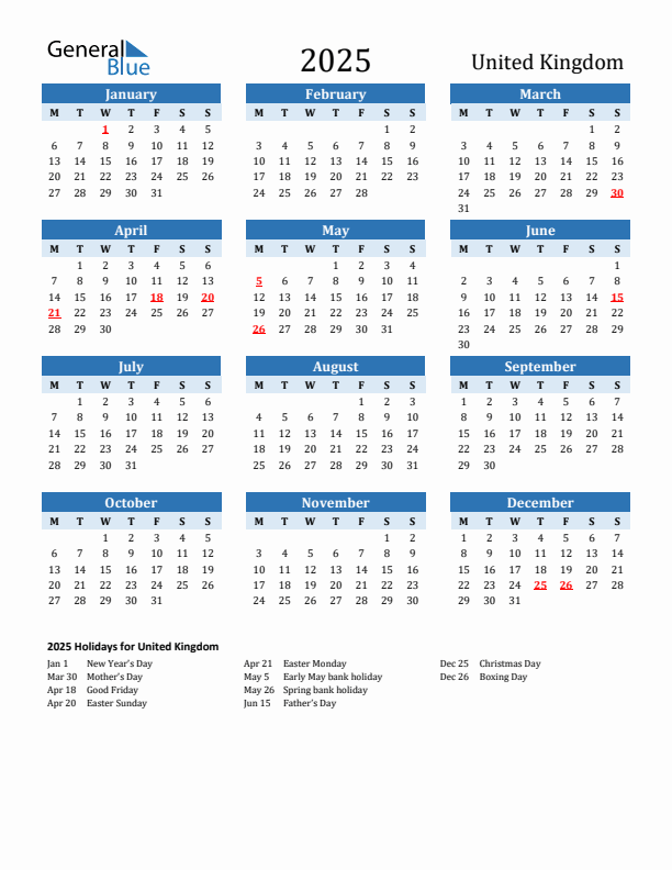 Printable Calendar 2025 with United Kingdom Holidays (Monday Start)