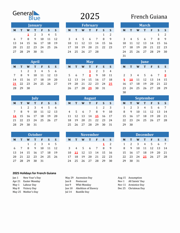 Printable Calendar 2025 with French Guiana Holidays (Monday Start)