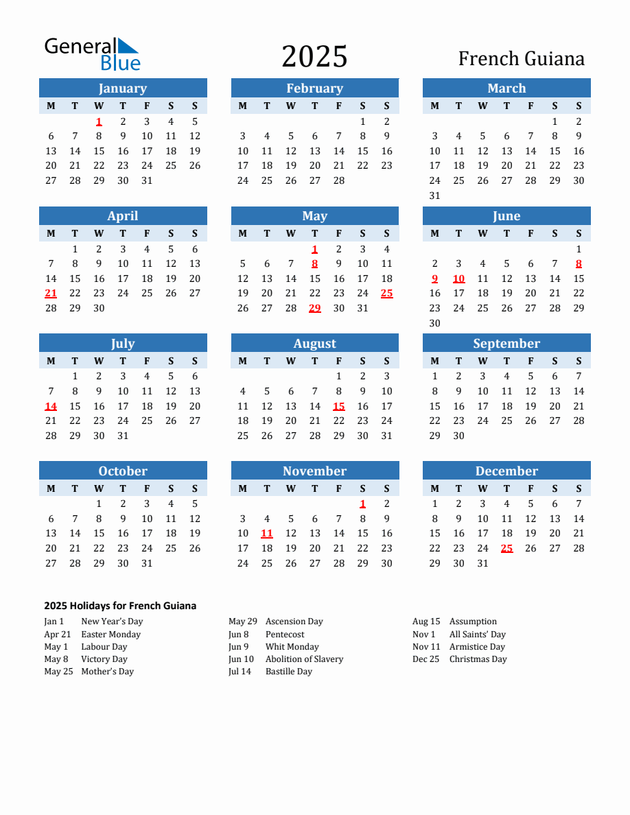 2025 Printable Calendar with French Guiana Holidays