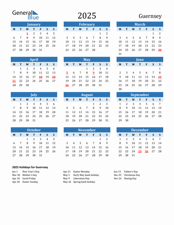 Printable Calendar 2025 with Guernsey Holidays (Monday Start)
