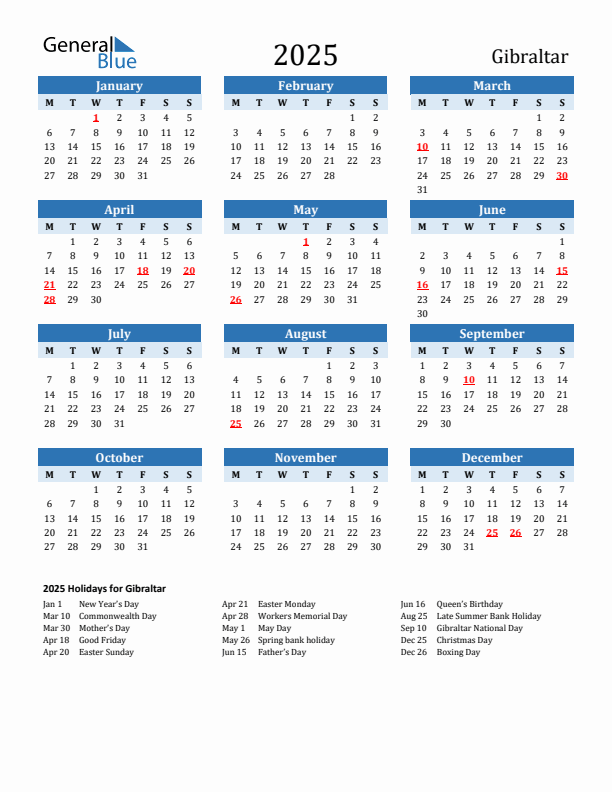 Printable Calendar 2025 with Gibraltar Holidays (Monday Start)