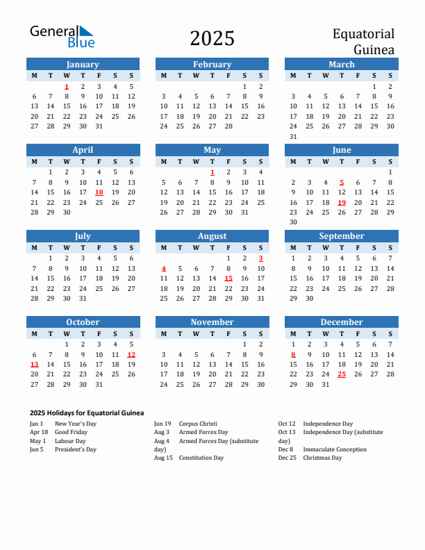 Printable Calendar 2025 with Equatorial Guinea Holidays (Monday Start)