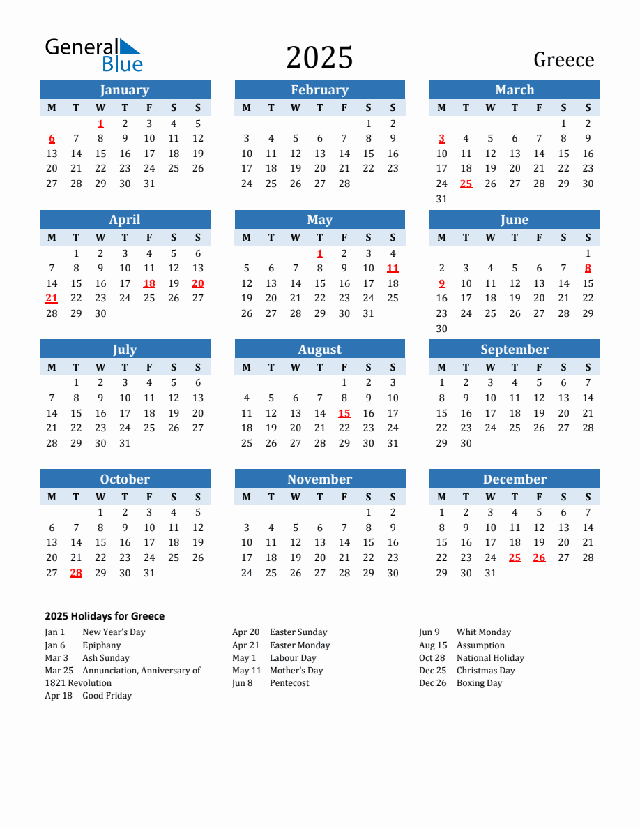 2025 Printable Calendar with Greece Holidays