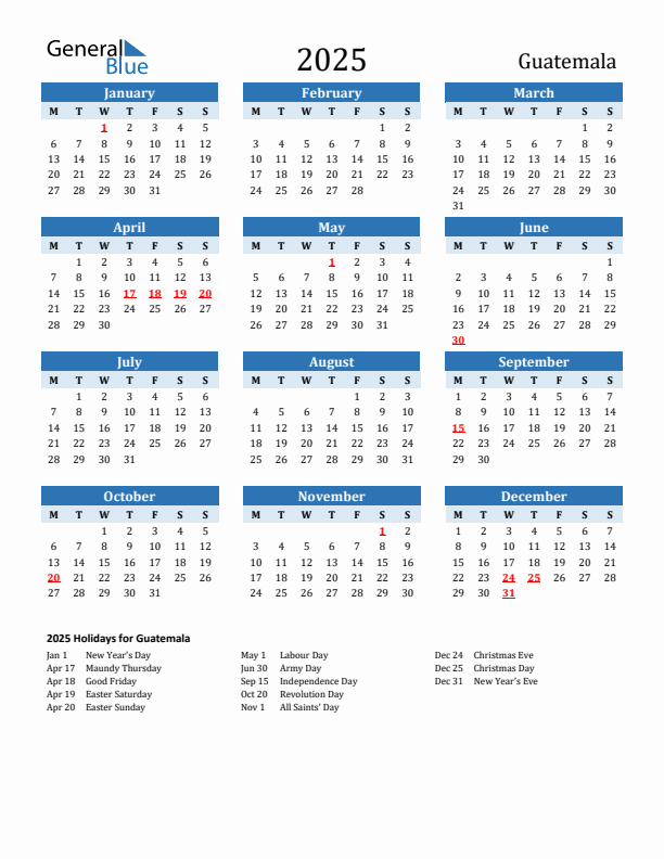 Printable Calendar 2025 with Guatemala Holidays (Monday Start)