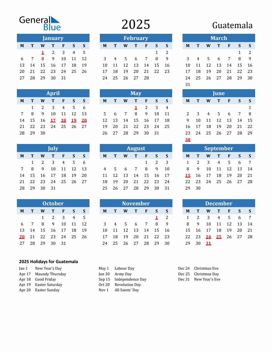 2025 Printable Calendar with Guatemala Holidays