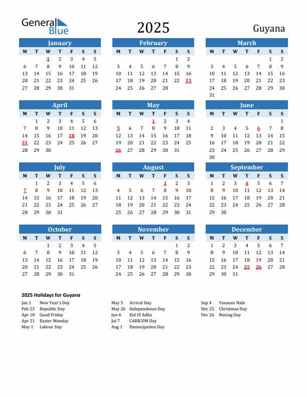Printable Calendar 2025 with Guyana Holidays (Monday Start)