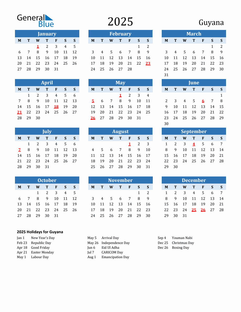 2025 Printable Calendar with Guyana Holidays