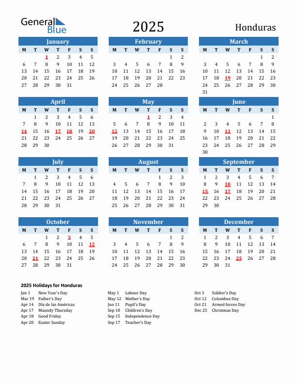 Printable Calendar 2025 with Honduras Holidays (Monday Start)