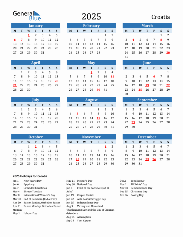 Printable Calendar 2025 with Croatia Holidays (Monday Start)