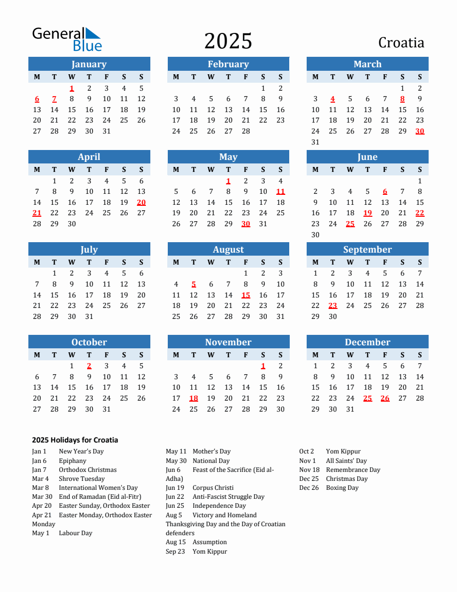 2025 Printable Calendar with Croatia Holidays