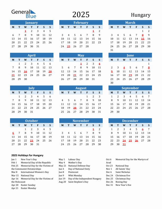 Printable Calendar 2025 with Hungary Holidays (Monday Start)