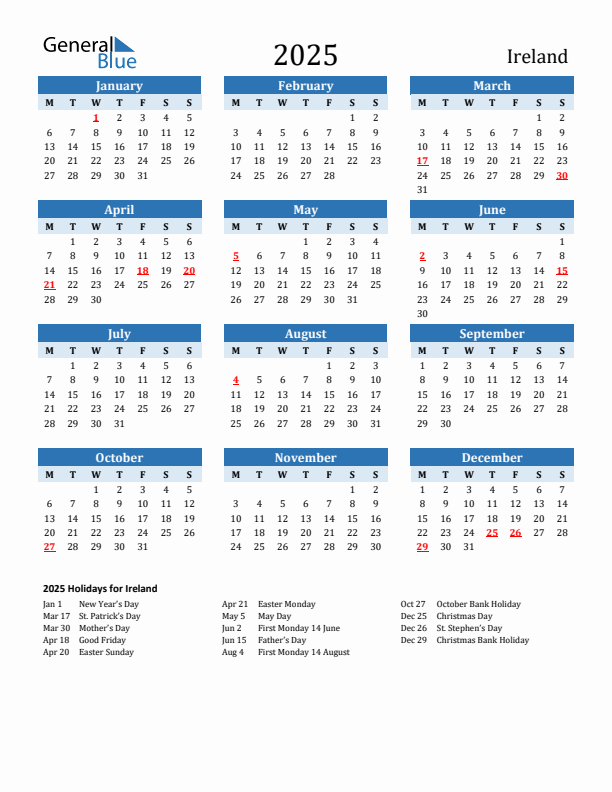 Printable Calendar 2025 with Ireland Holidays (Monday Start)