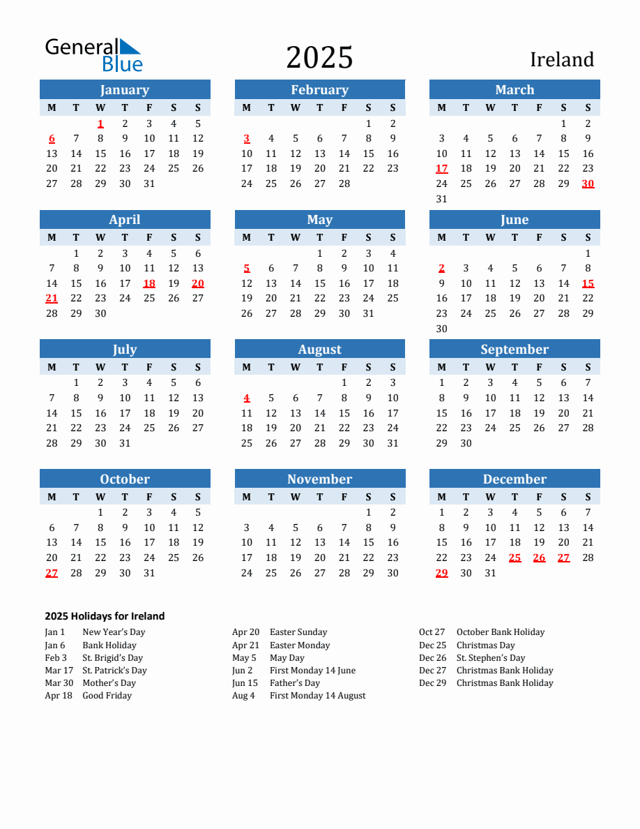 2025 Printable Calendar with Ireland Holidays