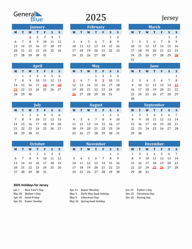 Printable Calendar 2025 with Jersey Holidays (Monday Start)