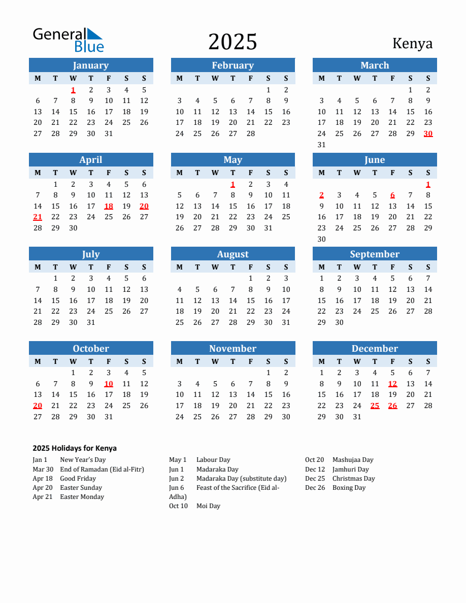 2025 Printable Calendar with Kenya Holidays