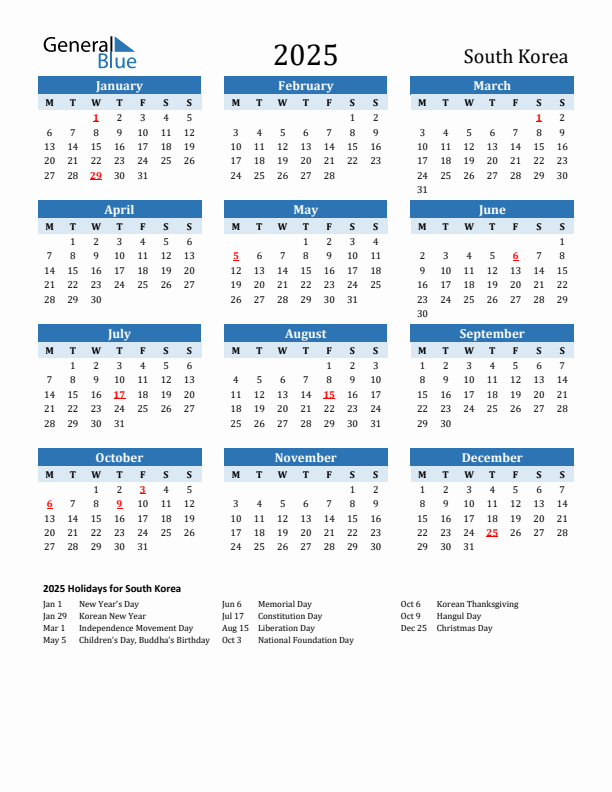 Printable Calendar 2025 with South Korea Holidays (Monday Start)