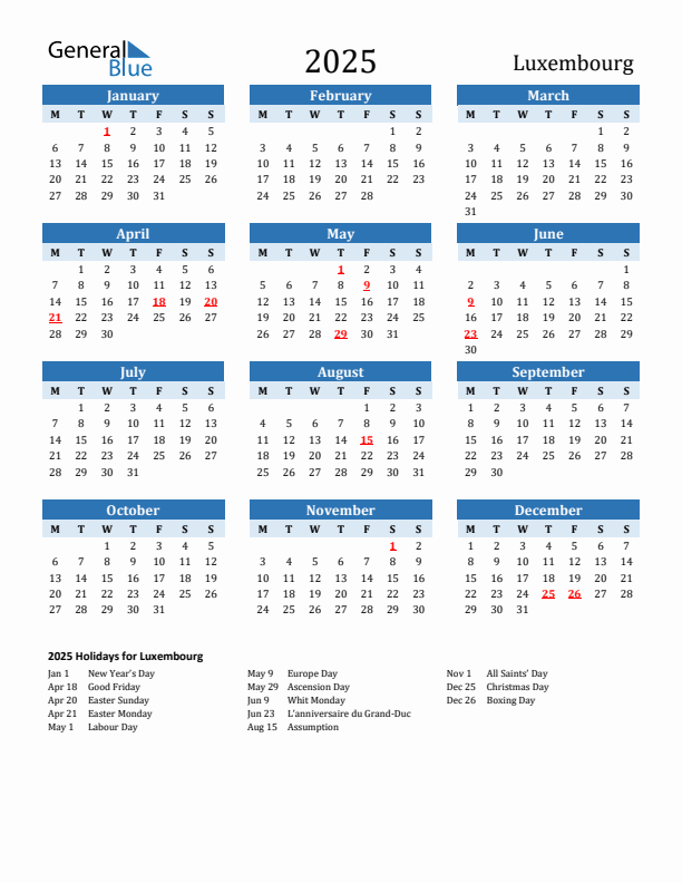 Printable Calendar 2025 with Luxembourg Holidays (Monday Start)