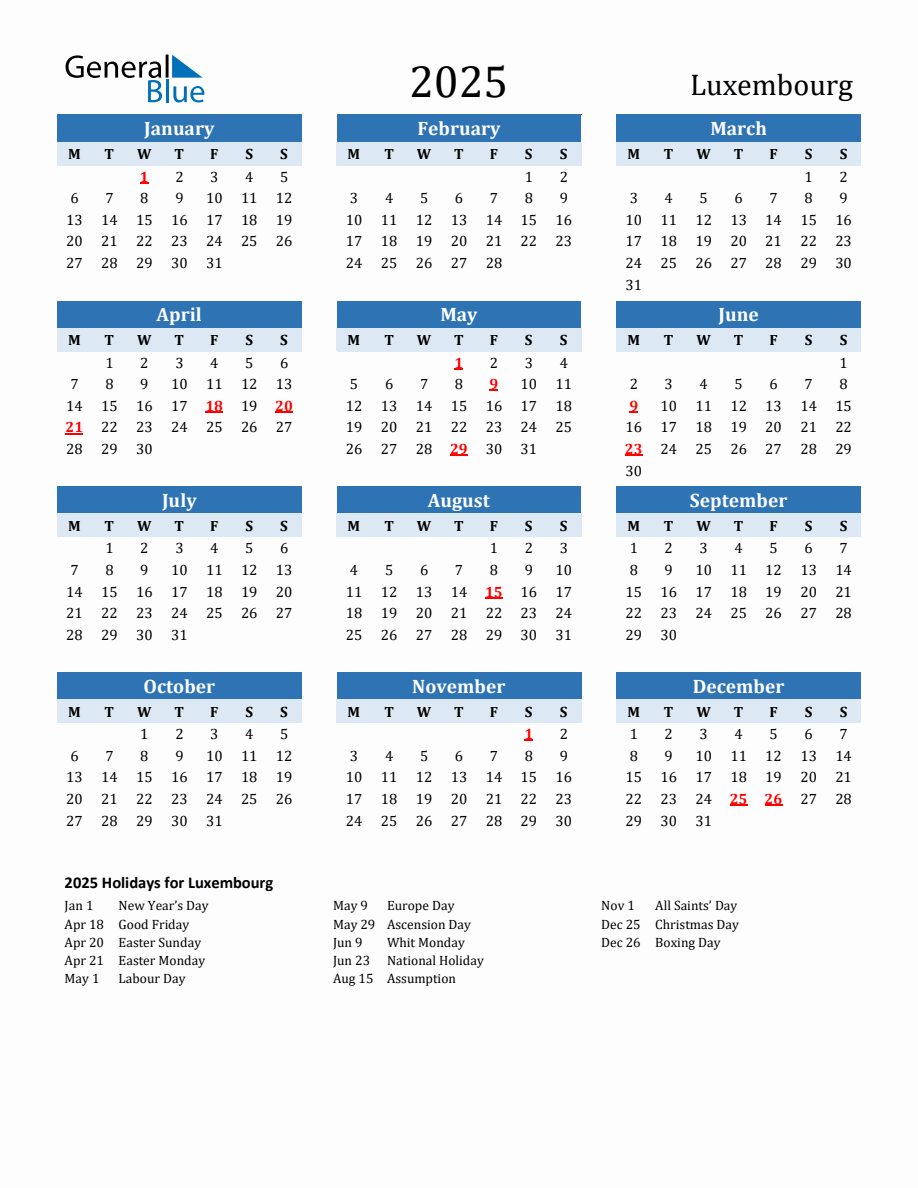 2025 Printable Calendar with Luxembourg Holidays