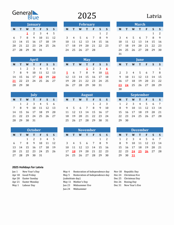 Printable Calendar 2025 with Latvia Holidays (Monday Start)