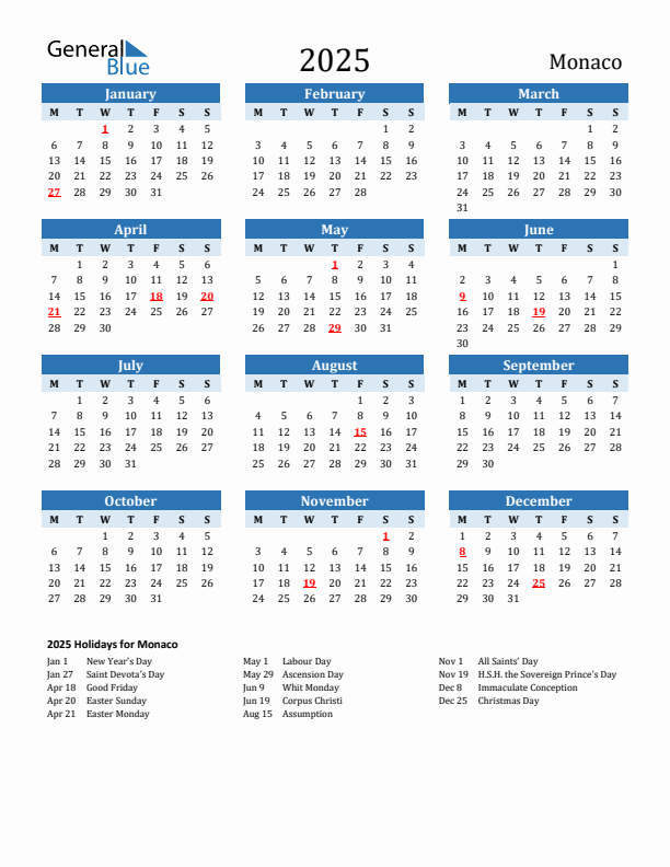 Printable Calendar 2025 with Monaco Holidays (Monday Start)