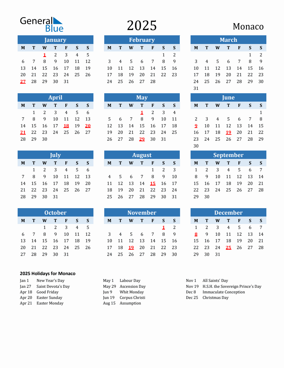2025 Printable Calendar with Monaco Holidays