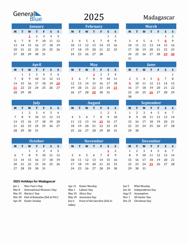Printable Calendar 2025 with Madagascar Holidays (Monday Start)