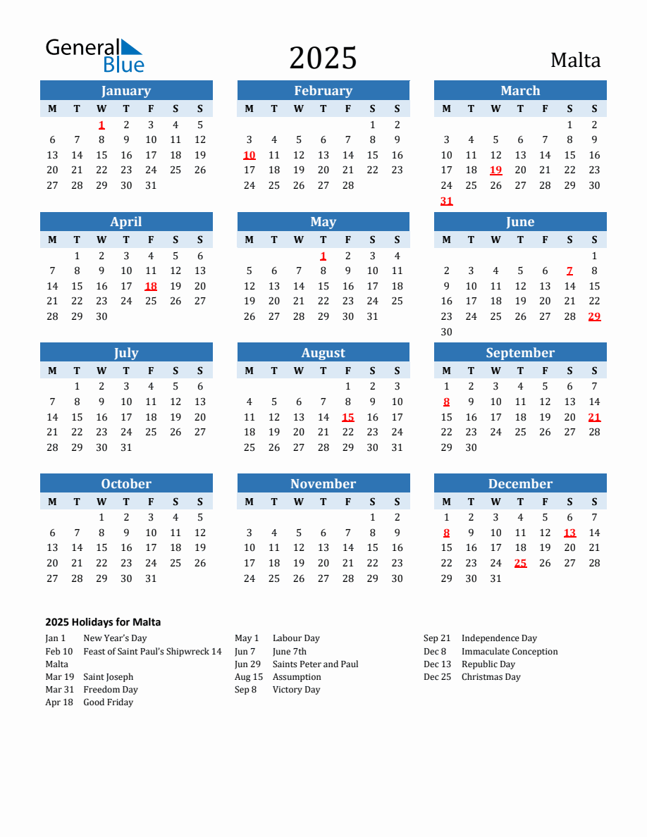 2025 Printable Calendar with Malta Holidays